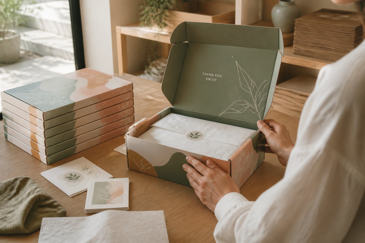 Sage green mailer box held open revealing white tissue paper, with stack of flat-packed boxes visible on the left of a wooden packing table in natural daylight.