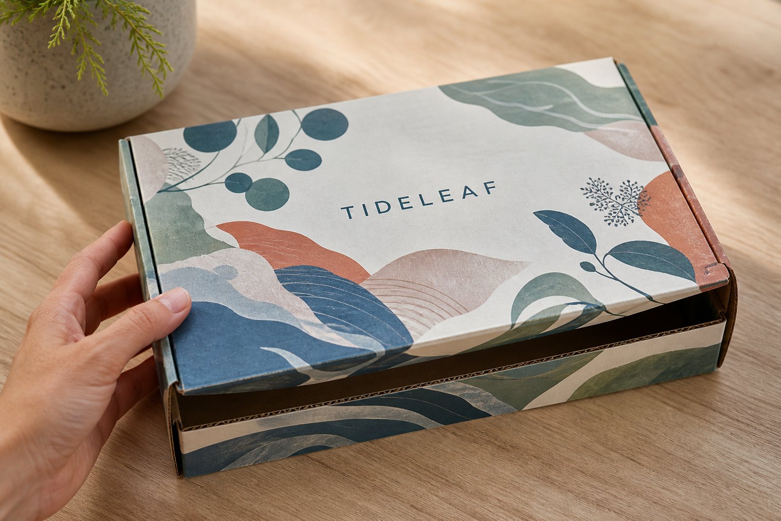 Assembled full-colour mailer box lid with botanical illustration in blues, corals, and greens, held in hand, showing white corrugated liner and vivid edge-to-edge CMYK print with visible corrugation flutes on the side edges.
