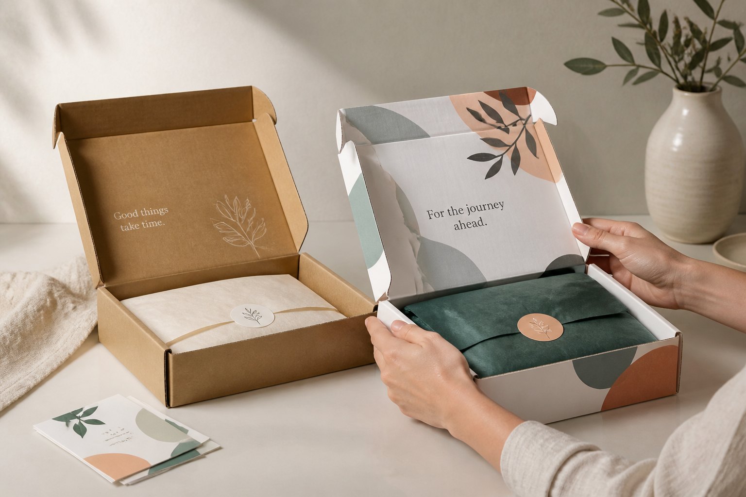 Open kraft mailer box on left with white interior, paired with full-colour teal-printed mailer box on right, demonstrating material and print contrast on light surface.