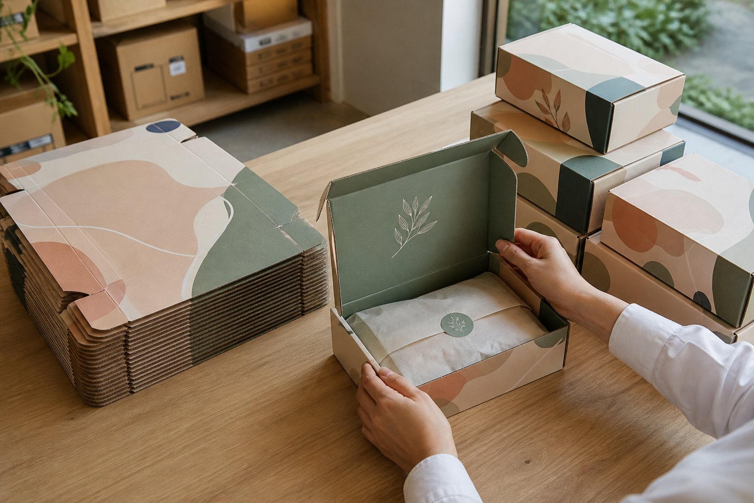 Overhead view of packing station with flat-packed mailer box stack on left side, assembled boxes and hands in white sleeves handling boxes on right side of wooden table.