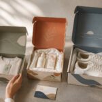 Overhead flat-lay of three open corrugated mailer boxes in increasing sizes on pale concrete, each holding a different product (a folded item, a skincare set with tissue, sneakers), shot in natural daylight with kraft and white board visible.