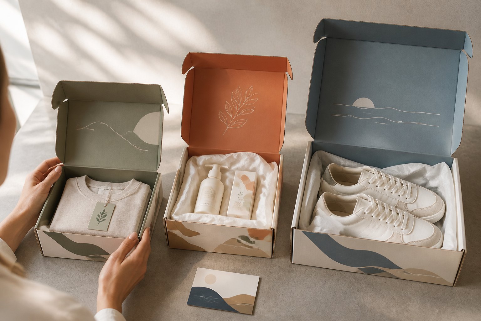 Overhead flat-lay of three open corrugated mailer boxes in increasing sizes on pale concrete, each holding a different product (a folded item, a skincare set with tissue, sneakers), shot in natural daylight with kraft and white board visible.