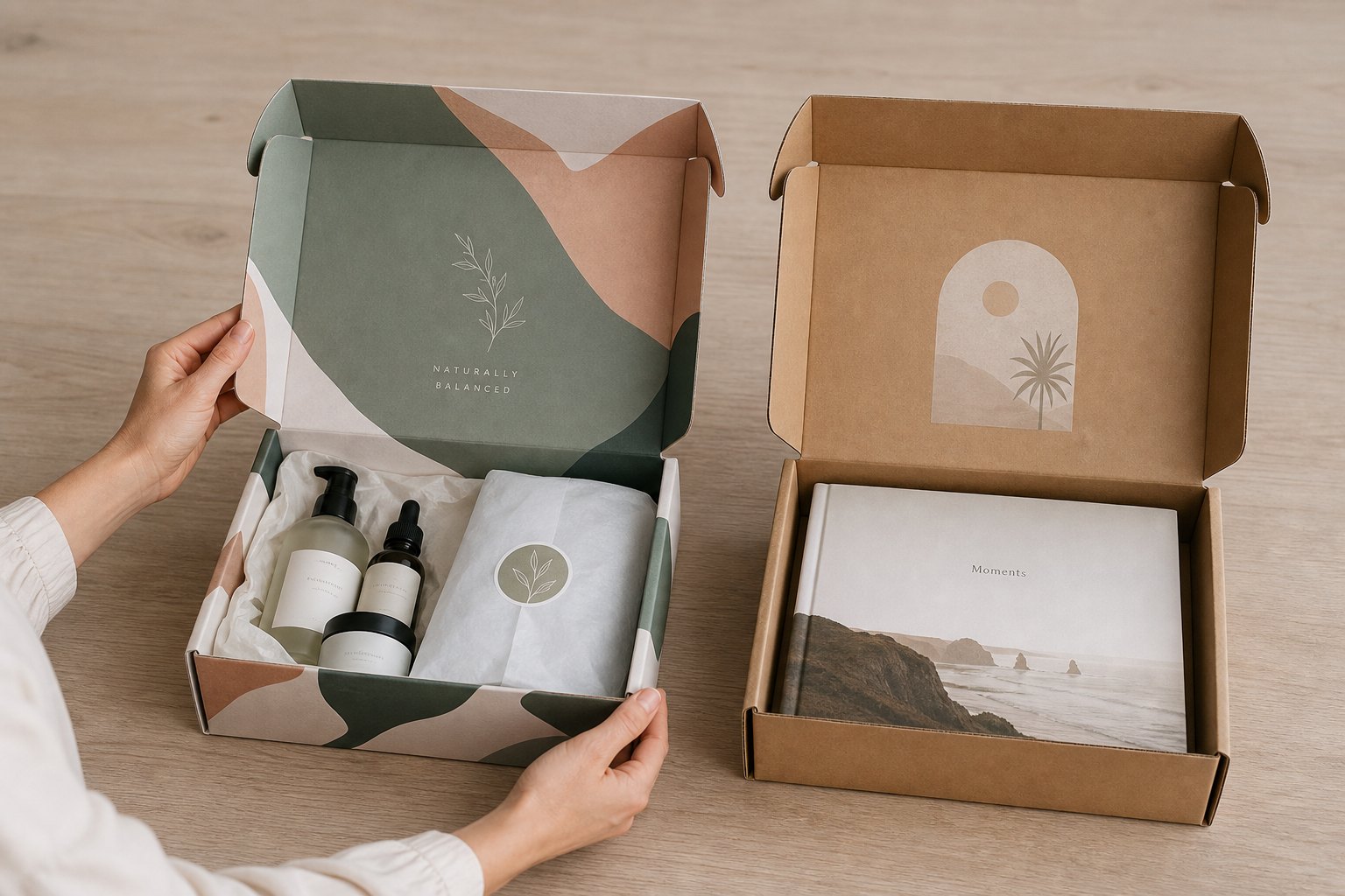Overhead shot of an open full-colour mailer box with botanical design and skincare products wrapped in tissue, squared beside a kraft mailer box with landscape imagery on a pale timber surface.