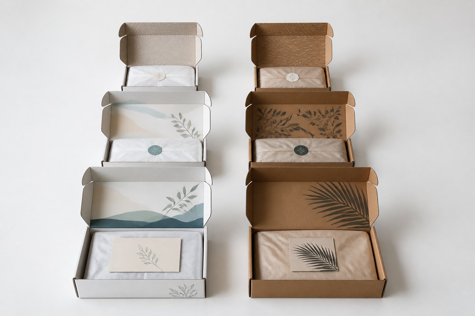 Six corrugated mailer boxes in two-by-three grid on clean white surface photographed from directly above, left column smooth white exterior and right column natural brown kraft, rows stepping up clearly in footprint, all open showing corrugation.