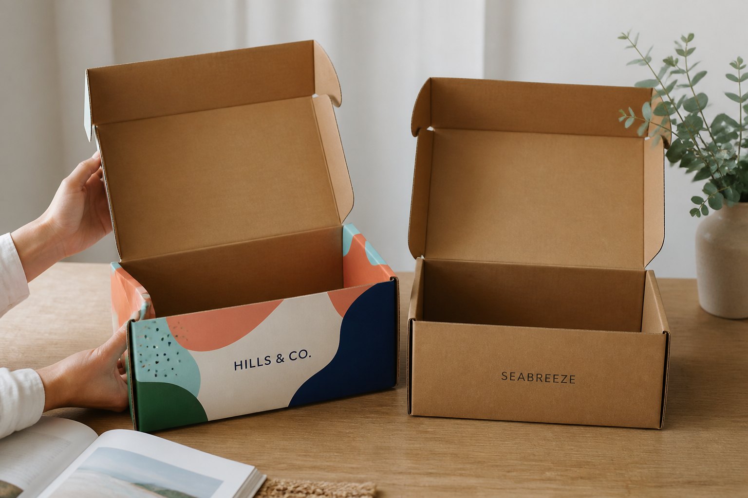 Side-by-side close-up of full-colour mailer box with vibrant CMYK abstract branding and text next to kraft box with single-colour wordmark, both Medium size open to show interior depth, photographed from front at slight angle with hands holding.