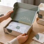 A sage green mailer box held open to reveal fluted corrugated interior and tissue-wrapped product, with flat-packed boxes stacked on a wooden table, potted plant and natural daylight in background.