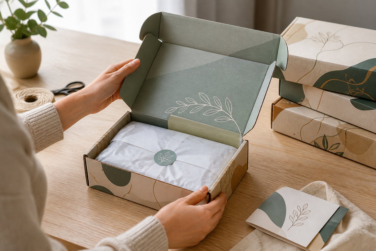 A sage green mailer box held open to reveal fluted corrugated interior and tissue-wrapped product, with flat-packed boxes stacked on a wooden table, potted plant and natural daylight in background.