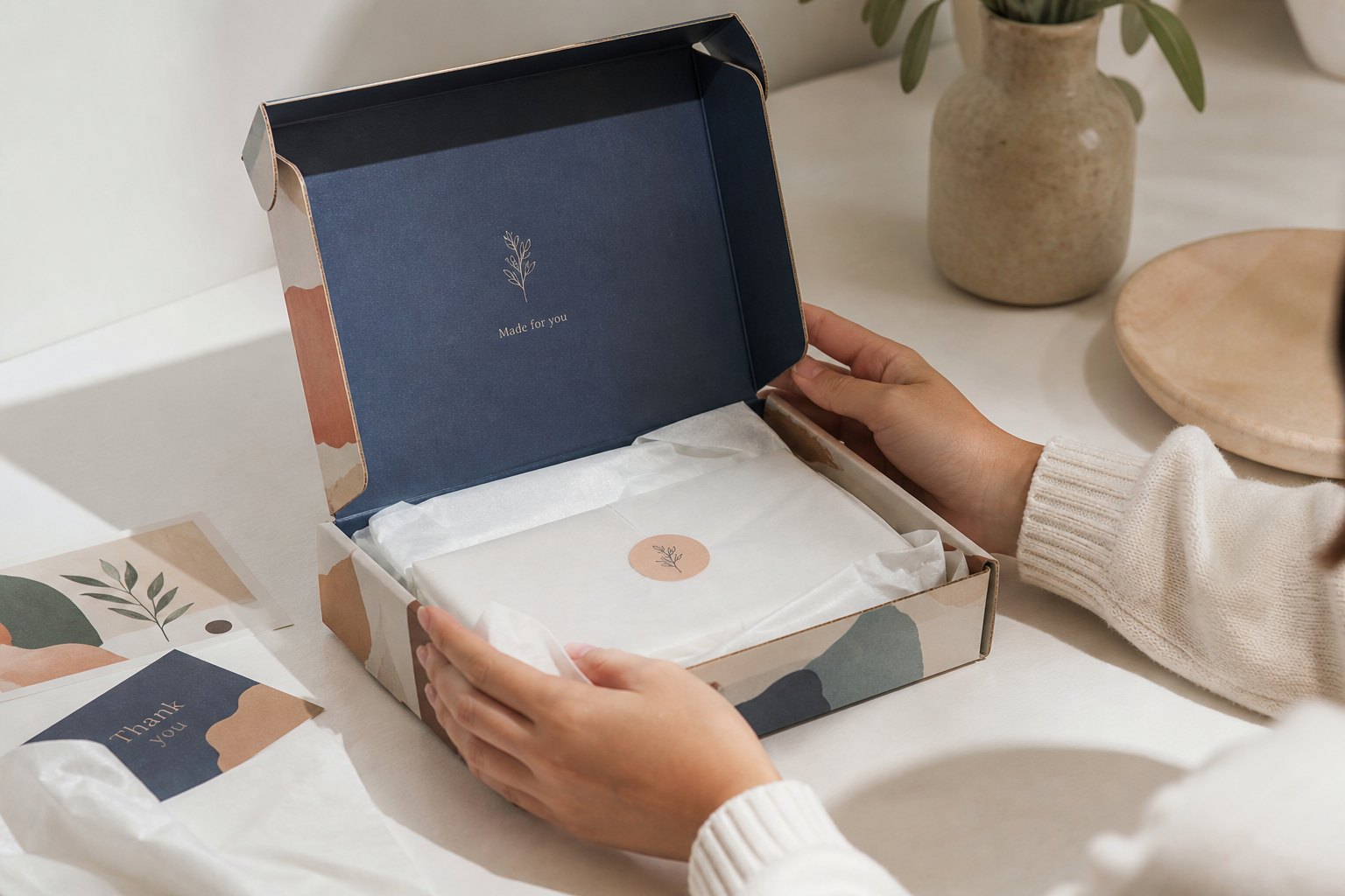 Hands assembling a navy mailer box on white surface, showing open flaps revealing the tucked closure mechanism and rolled end panels, with tissue paper inside.