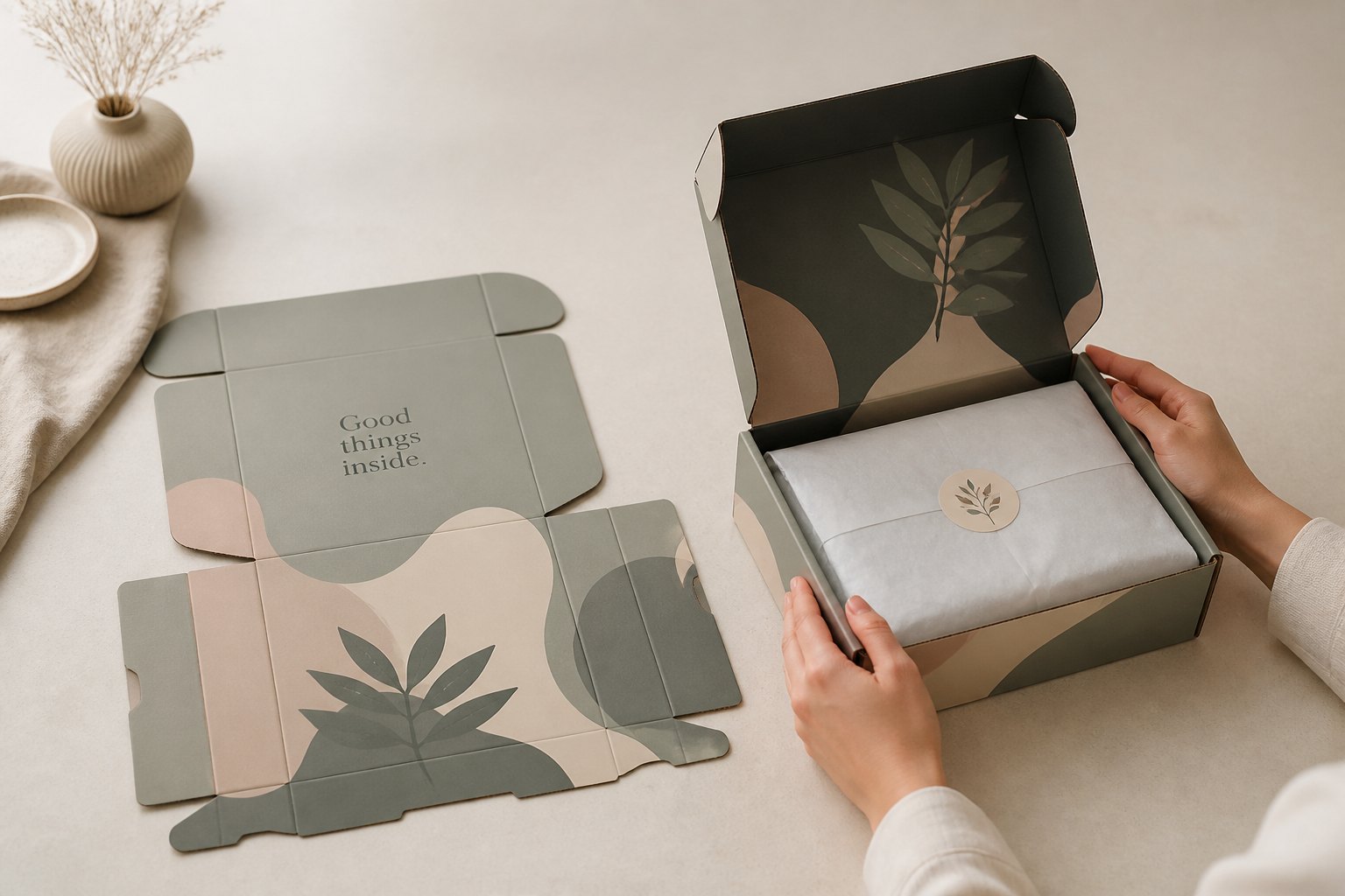 A flat unfolded mailer blank displayed on the left showing cross-shaped layout, beside an assembled mailer box with open flaps on the right, on neutral surface with decorative props.