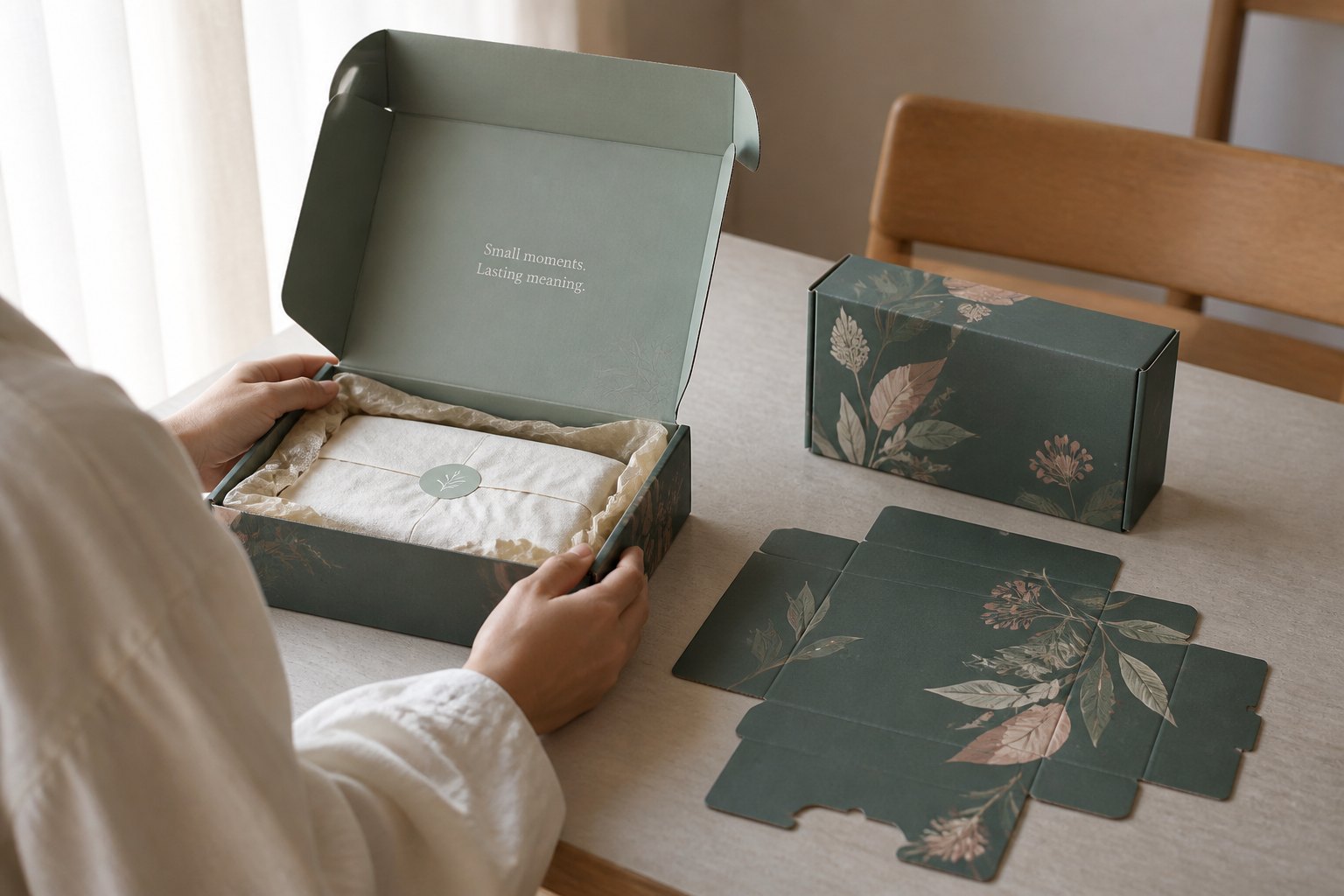 A flat unfolded corrugated mailer box blank lying on a light desk beside the same box assembled and standing, natural window light from left, hands visible holding assembled box.