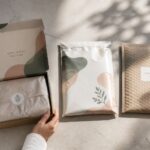 Overhead flat lay of a branded open corrugated mailer box showing interior and tuck flap, positioned with a sealed poly mailer bag and padded bubble satchel in a row on concrete, lit by natural side light.