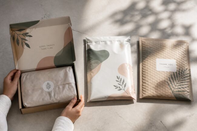 Overhead flat lay of a branded open corrugated mailer box showing interior and tuck flap, positioned with a sealed poly mailer bag and padded bubble satchel in a row on concrete, lit by natural side light.