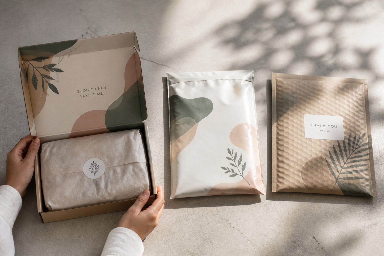Overhead flat lay of a branded open corrugated mailer box showing interior and tuck flap, positioned with a sealed poly mailer bag and padded bubble satchel in a row on concrete, lit by natural side light.