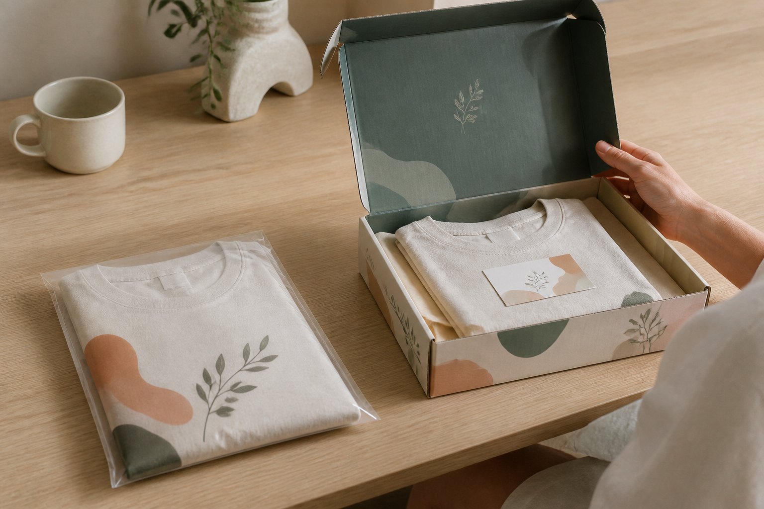 Side-by-side comparison on white surface showing a sealed poly mailer bag lying flat with folded tee visible through packaging on left, and the same tee inside an open corrugated mailer box on right, demonstrating height difference between formats.