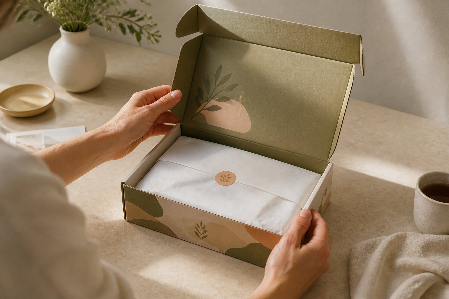 Hands opening the front tuck flap of a printed corrugated mailer box from 45-degree overhead angle, revealing skincare set wrapped in white tissue paper, lit by warm natural light.