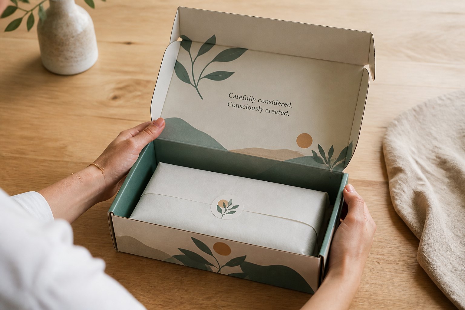 Top-down view of an opened corrugated mailer box with front flap raised showing roll and tuck construction and interior contents, positioned on clean timber surface with natural side lighting.
