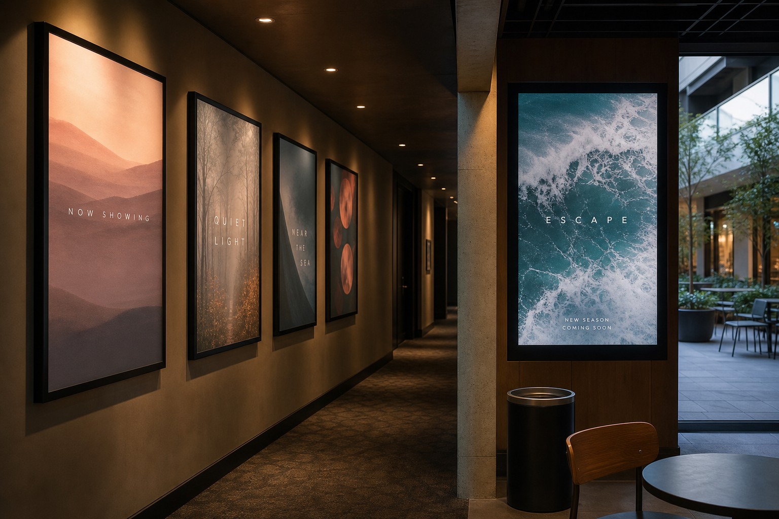 A1 movie posters in standard frames · 200gsm synthetic stock · arthouse cinema corridor, with a digital lightbox panel inset