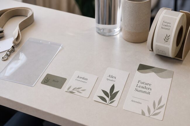 Badges in ascending sizes, from a plain staff tag to a conference insert, laid out beside an empty lanyard holder and a roll of printed tags.