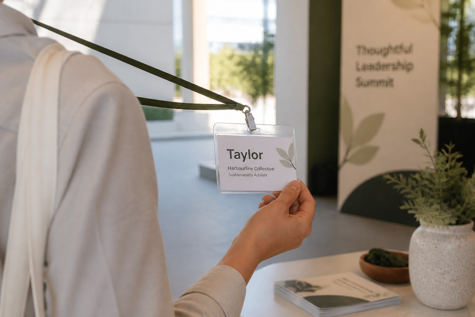 A hand holds up a lanyard badge showing a bold first name above the organisation and role in smaller type.