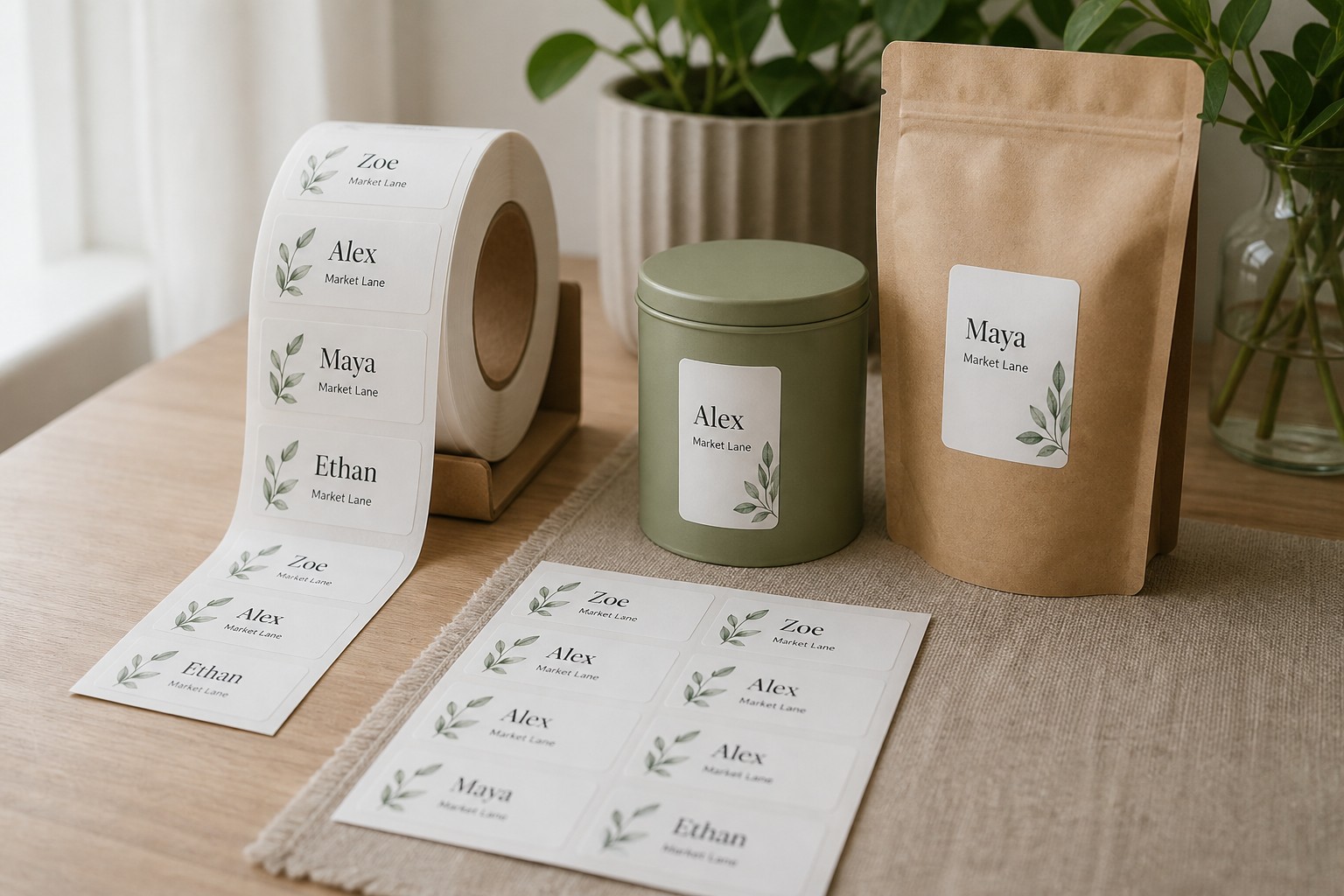 Adhesive name labels on a roll and a flat sheet, also applied to a candle tin and a kraft pouch on a linen table.