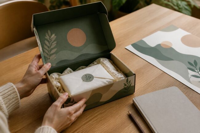 An open kraft mailer box with teal interior design held above a wooden work surface, beside a closed white notebook, photographed in warm morning light.