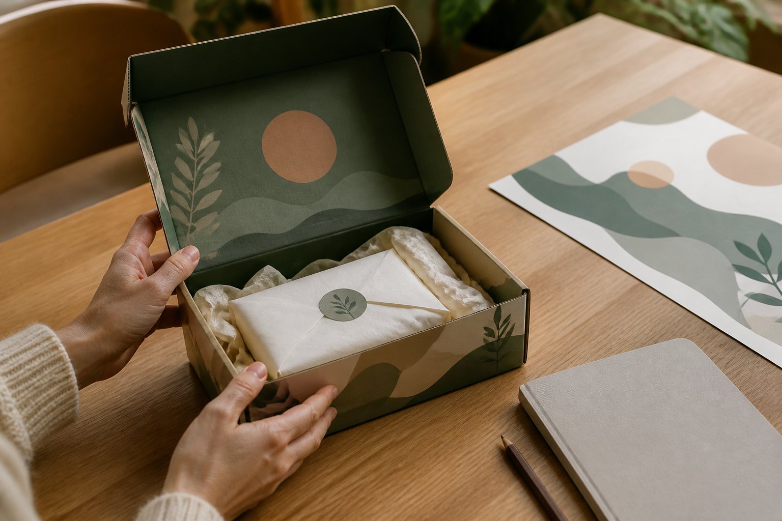 An open kraft mailer box with teal interior design held above a wooden work surface, beside a closed white notebook, photographed in warm morning light.
