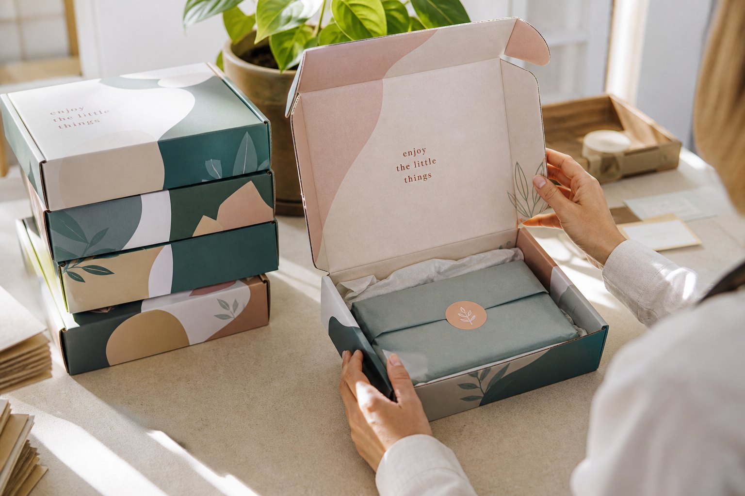 A stack of branded custom-printed corrugated mailer boxes in multiple colours and designs displayed on a fulfillment bench, with warm side lighting illuminating the exterior prints and self-locking closures.