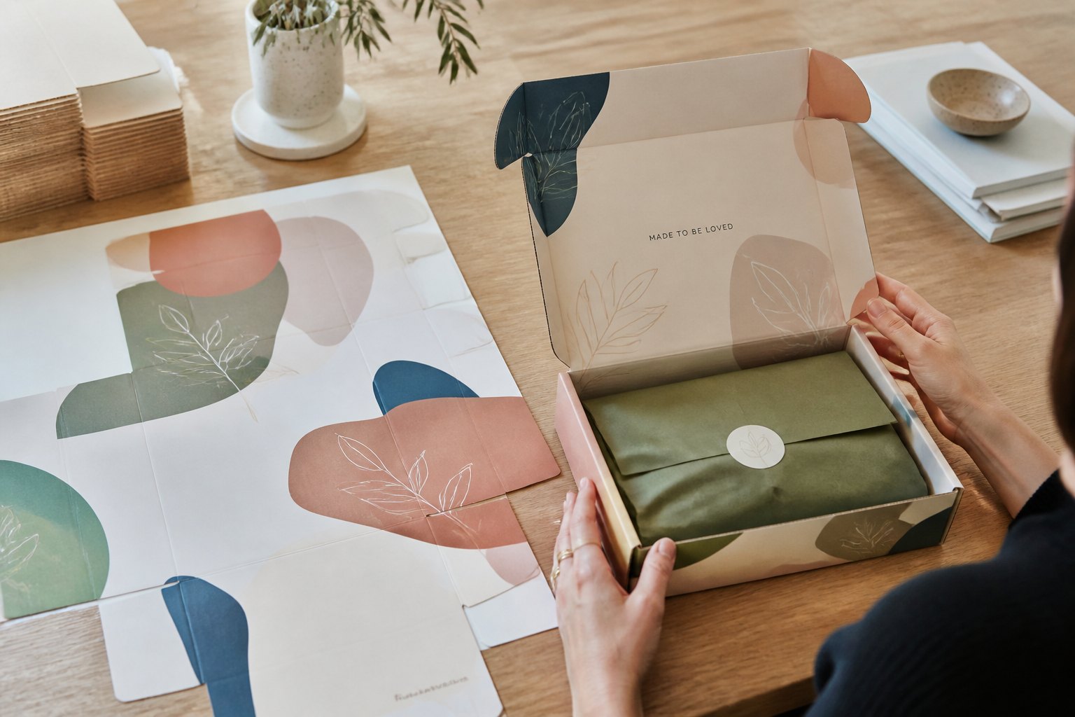 A large flat sheet of corrugated packaging artwork with abstract printed pattern spread on a work surface beside a single folded mailer box in matching design, photographed in soft even studio light.