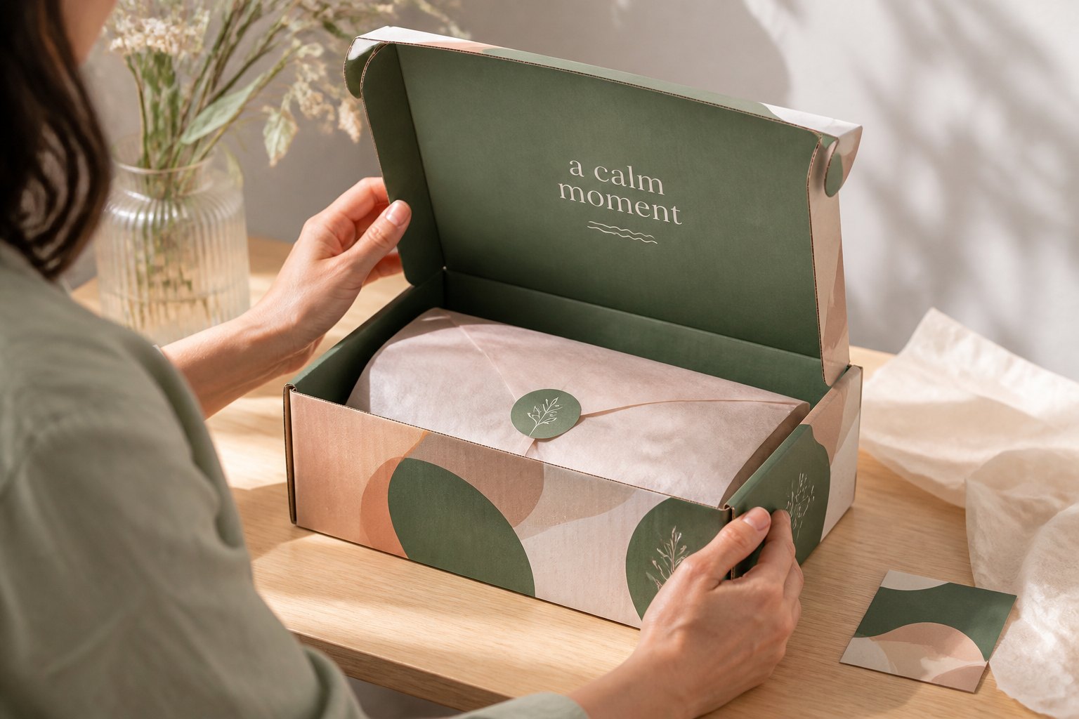 Close-up of a corrugated mailer box end-on with full-colour branded exterior design in green and coral tones, self-locking flap open to reveal the interior board, warm side lighting.