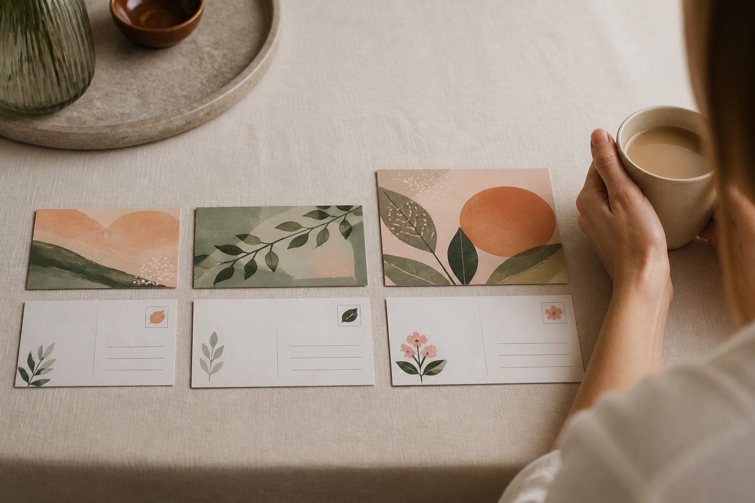 Three postcards in ascending sizes lie fanned on linen, showing colourful front artwork above their blank address sides.