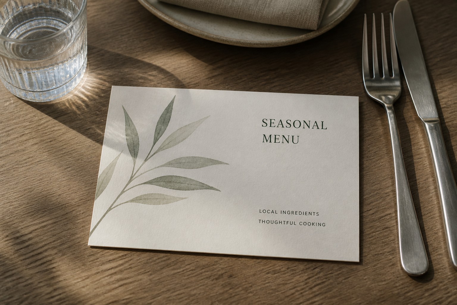 A postcard printed with a seasonal menu design lies on a wooden table beside a water glass, cutlery and a folded napkin.
