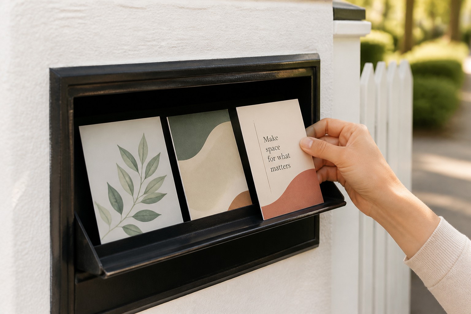 Three postcards with different graphic designs stand upright in a letterbox slot as a hand reaches to take one out.