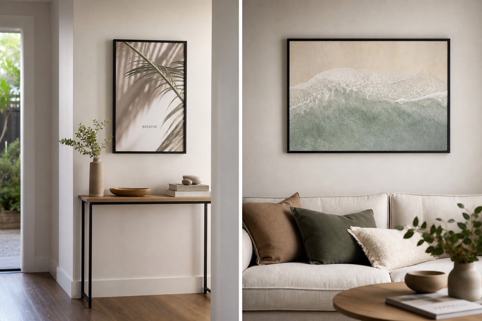 Left: A2 custom poster in hallway · Right: A1 above sofa · 200gsm synthetic, showing proportional sizing