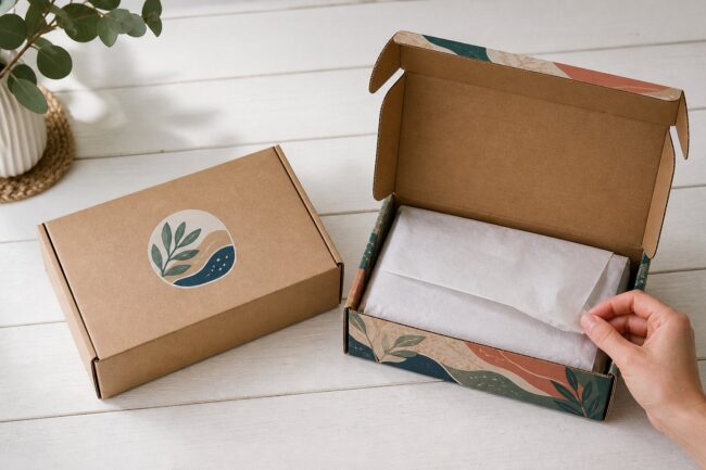 Overhead flat-lay of a kraft mailer box with botanical sticker beside an open full-colour printed mailer box displaying vibrant teal and coral artwork, tissue paper inside, eucalyptus branch styling.