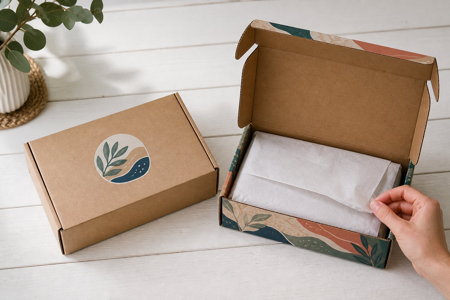 Overhead flat-lay of a kraft mailer box with botanical sticker beside an open full-colour printed mailer box displaying vibrant teal and coral artwork, tissue paper inside, eucalyptus branch styling.