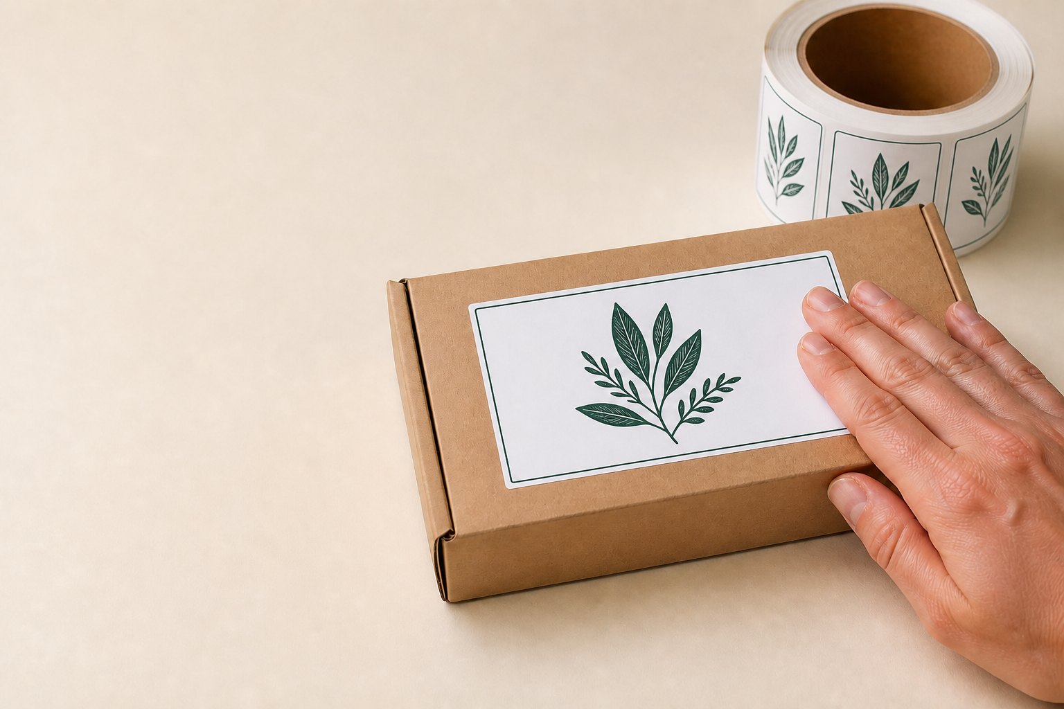 Two hands smoothing a printed sticker onto the tuck flap of a natural kraft mailer box, the sticker carrying a dark green leaf emblem inside a thin green border, a roll of the same printed stickers behind.
