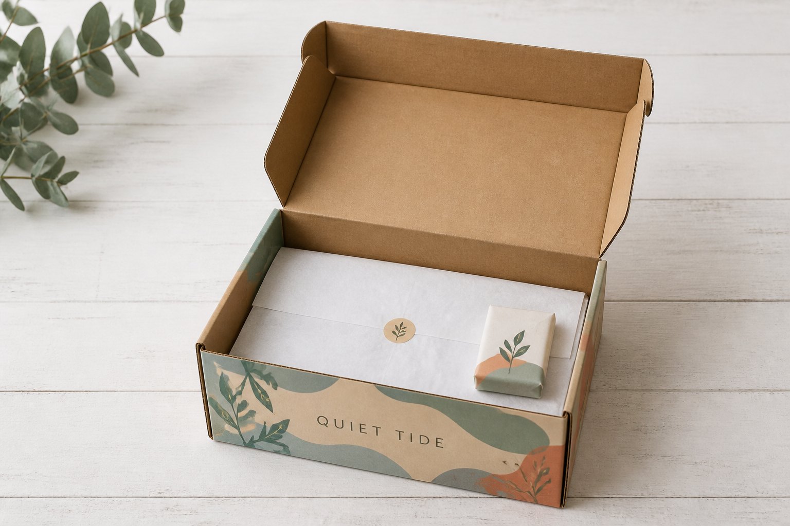 Overhead shot of an open custom full-colour mailer box displaying botanical artwork in teal and coral across all exterior panels, white tissue and product samples visible inside, styled with eucalyptus branches on white timber surface.