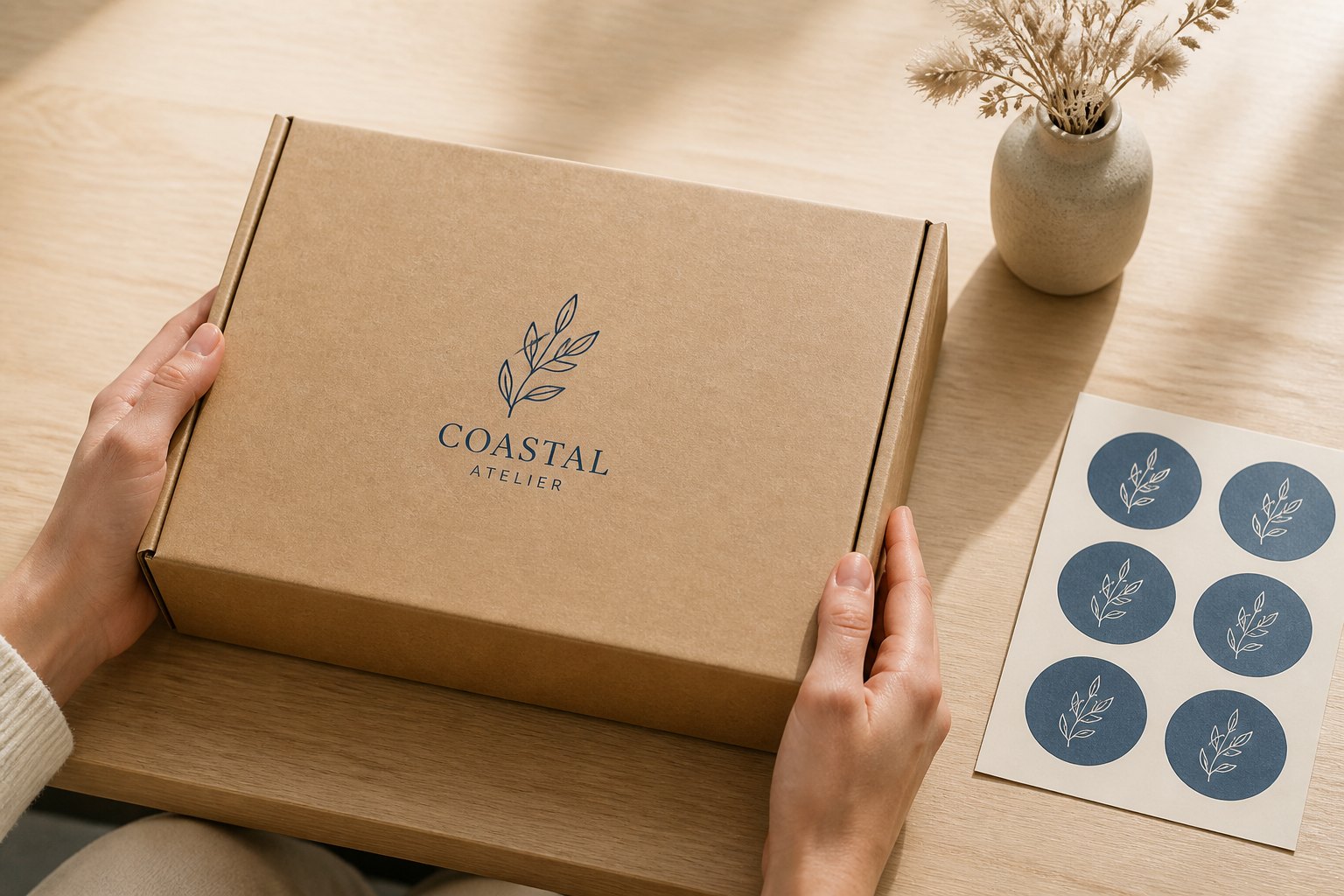 Overhead flat lay of a kraft mailer box printed with 'COASTAL ATELIER' text and leaf motif in navy ink, alongside matching navy circular die-cut stickers on light timber.