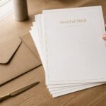 A4 portrait certificates fanned on a pale oak desk, with a gold foil title, fine printed rule, kraft envelope and brass letter opener