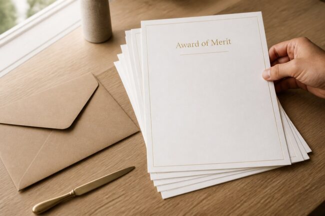 A4 portrait certificates fanned on a pale oak desk, with a gold foil title, fine printed rule, kraft envelope and brass letter opener