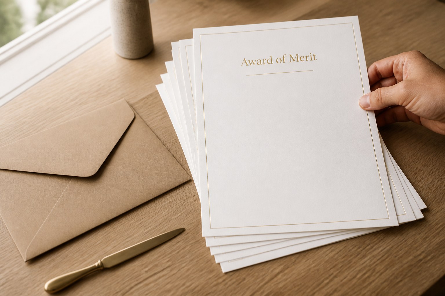 A4 portrait certificates fanned on a pale oak desk, with a gold foil title, fine printed rule, kraft envelope and brass letter opener