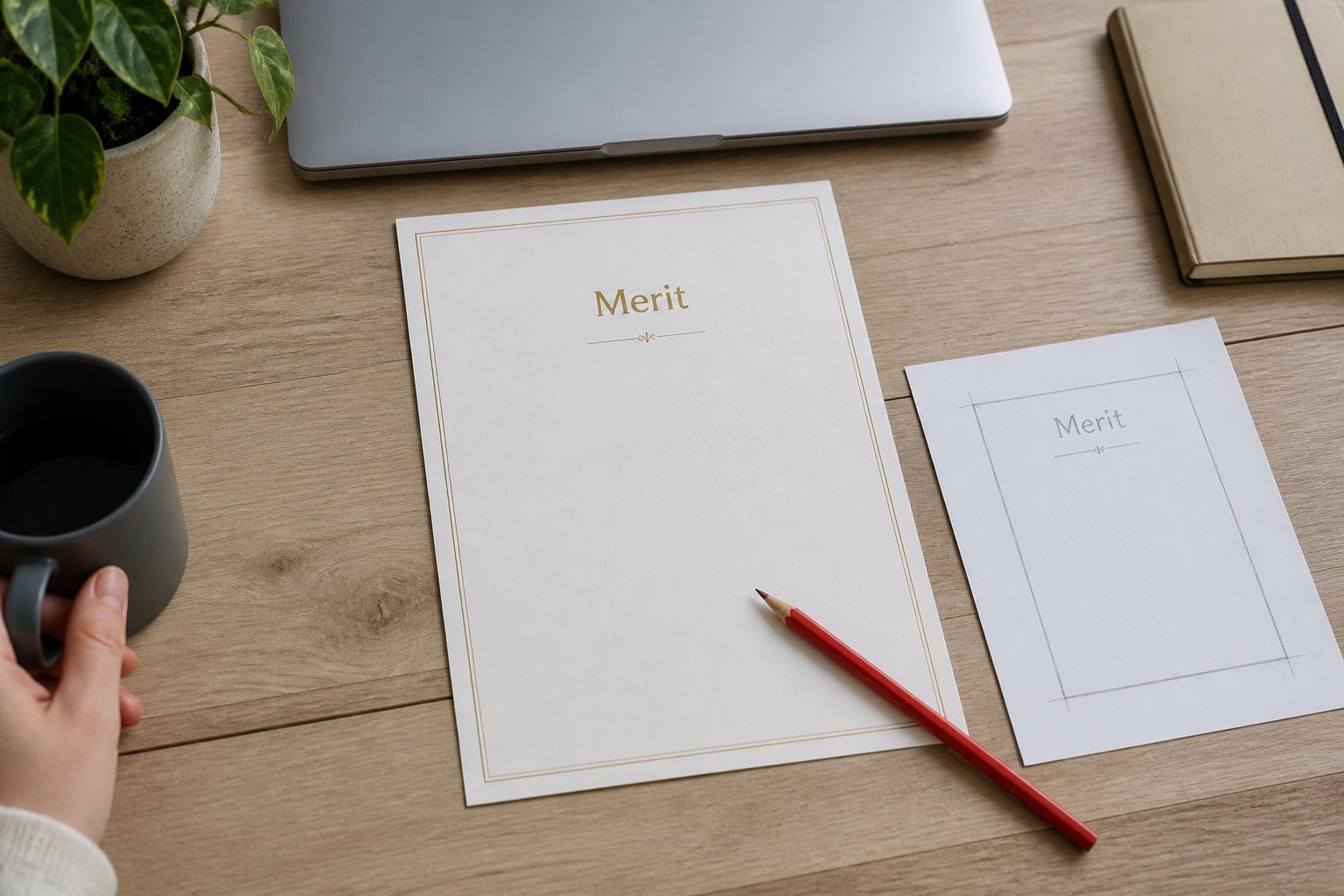 A4 portrait certificate proof on a designer's desk seen from above, with a short title, thin border rule, empty bands, red pencil and layout sketch