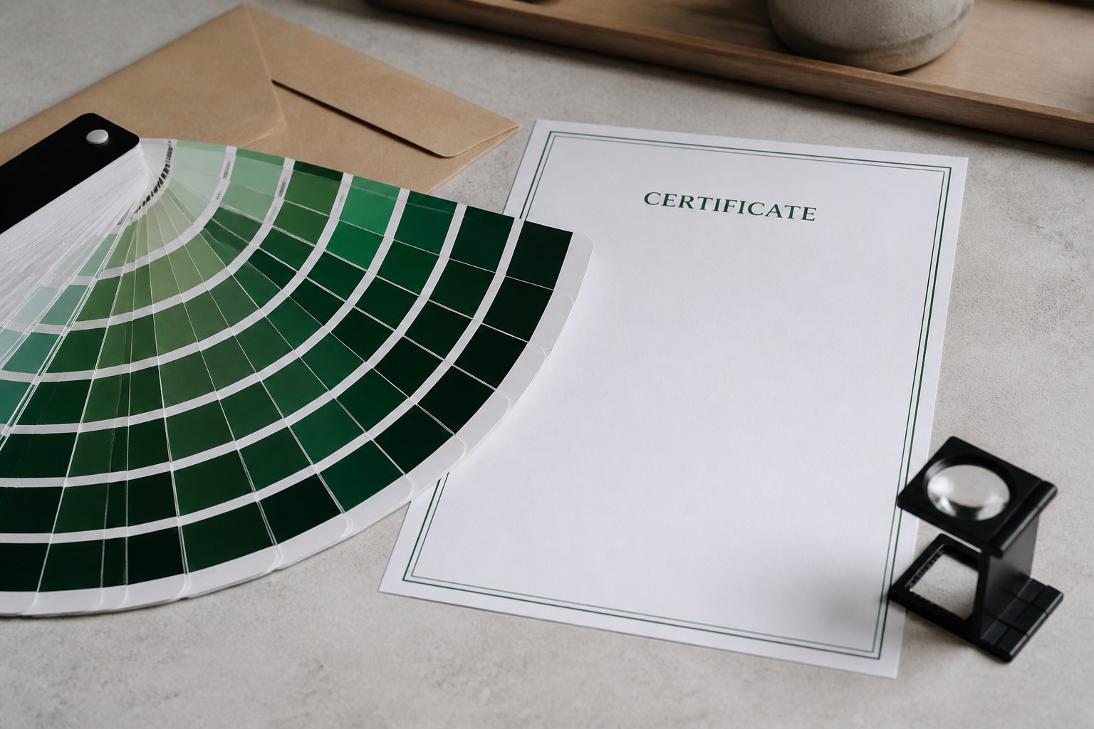 Spot colour swatch fan of deep greens over an A4 portrait certificate sheet with a short title and thin border, a loupe beside it on a pale grey bench