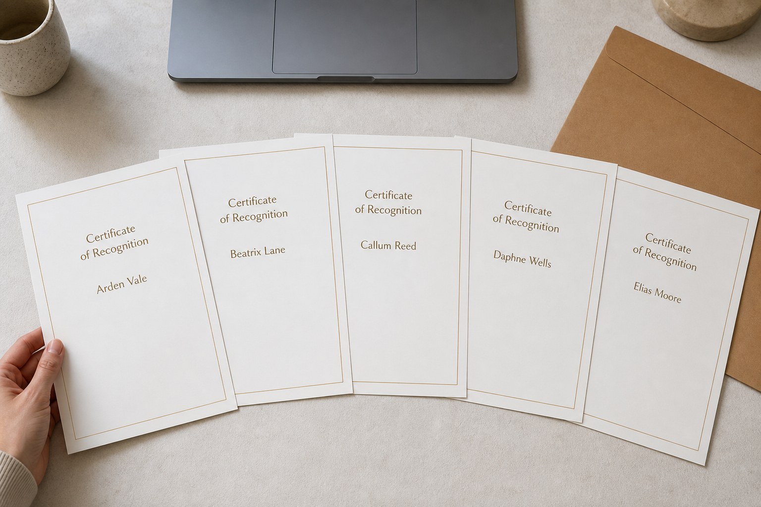 Five A4 portrait certificates fanned on pale plaster, each with the same title and gold border but a different name, a hand steadying one sheet