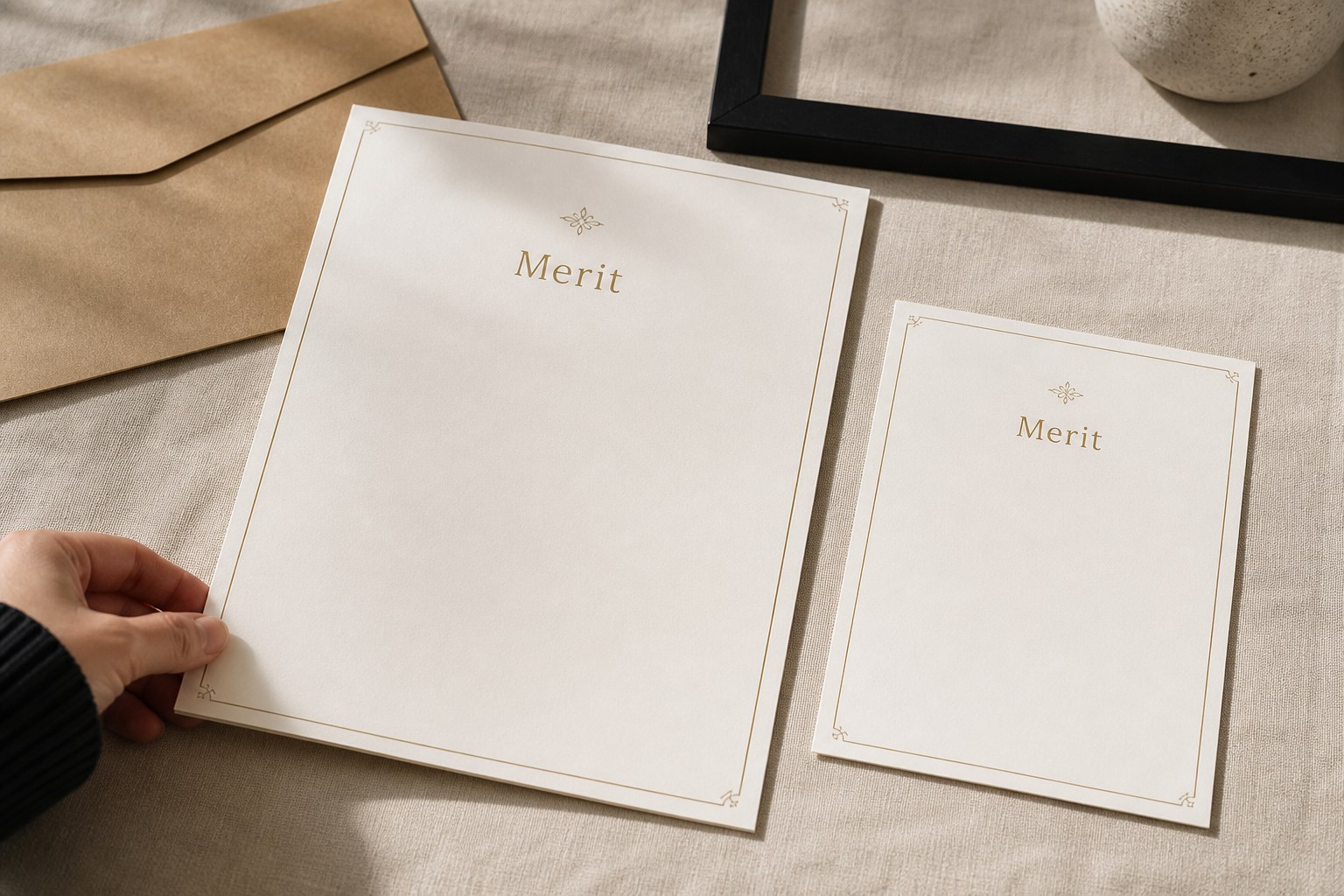 A4 and A5 portrait certificates side by side on pale linen, the near corner of the larger A4 sheet lifted by a hand, an empty black frame at the edge