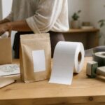 A roll of white thermal shipping labels sits beside a kraft satchel, tape dispenser and packing box on a timber bench.