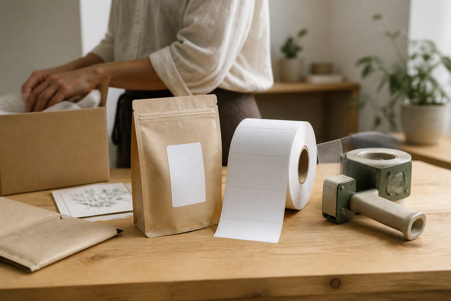 A roll of white thermal shipping labels sits beside a kraft satchel, tape dispenser and packing box on a timber bench.