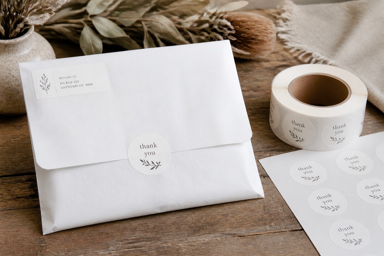 A kraft satchel finished with a rectangle return address label and a round thank you seal, beside a roll of matching stickers.