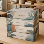 Stack of four closed, neatly aligned branded mailer boxes with botanical illustrations and 'TIDELINE' branding, arranged on a wooden table surface in warm home-studio styling.