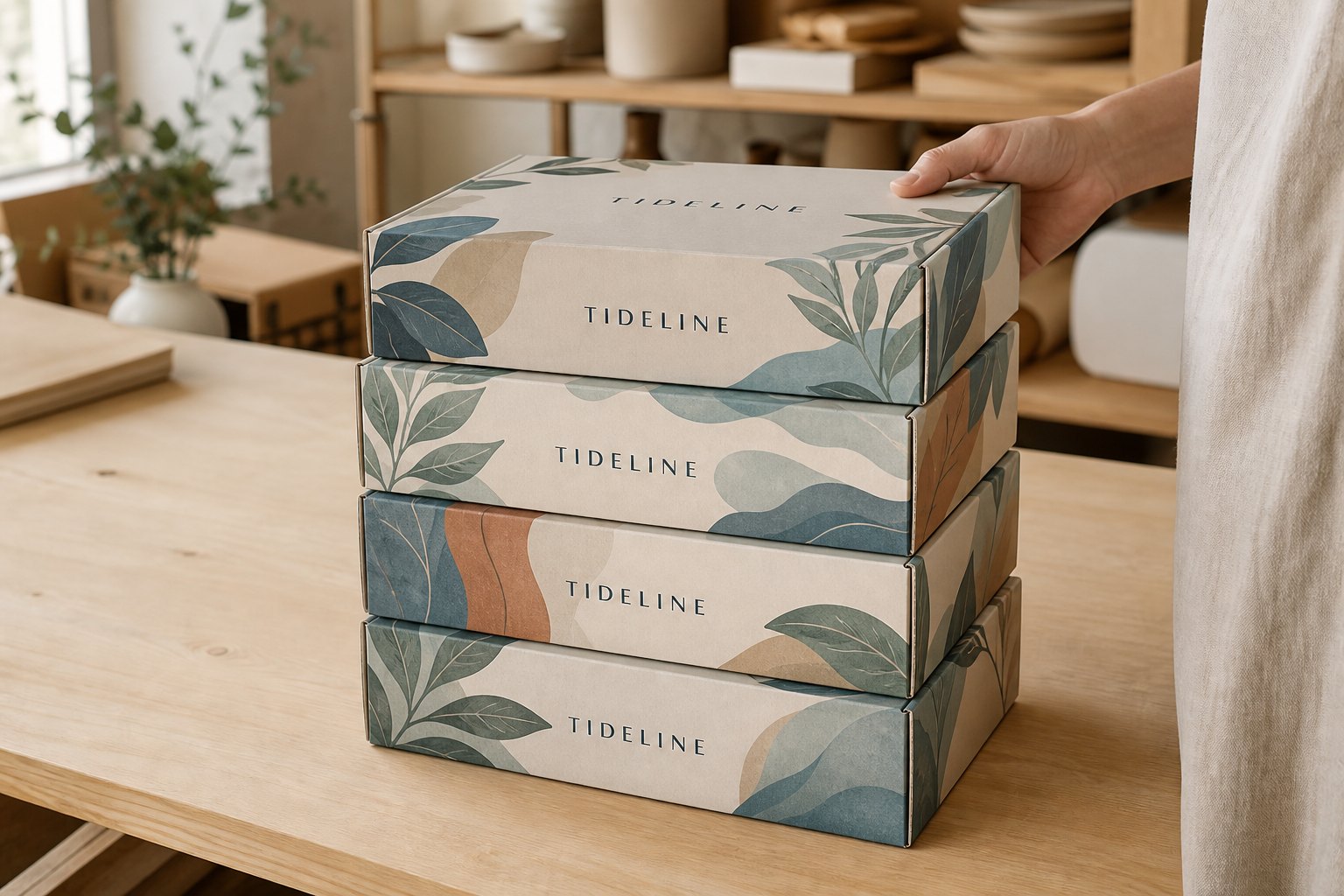 Stack of four closed, neatly aligned branded mailer boxes with botanical illustrations and 'TIDELINE' branding, arranged on a wooden table surface in warm home-studio styling.